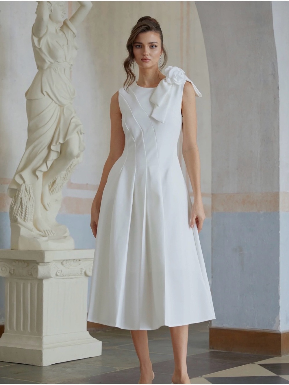 Sleeveless White Midi Dress with Shoulder Rosette - Timeless Elegance